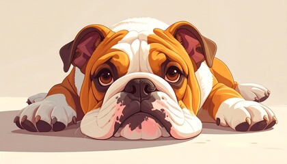 A cute cartoon-style bulldog is shown in a lying-down position, looking straight at the viewer with big, expressive eyes. It has white, brown fur