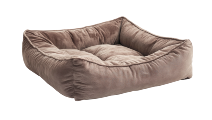 Plush, square, brown pet bed with padded sides and a cushioned center