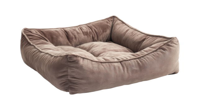 Plush, square, brown pet bed with padded sides and a cushioned center