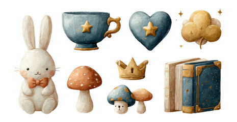 Cute Bunny with Stars and Cozy Objects in Whimsical Art Style