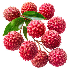 Cluster of ripe, red-skinned fruit on a branch with green leaves against a black backdrop