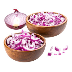 Overhead shot of a red onion cut and diced in wooden bowls on a white background
