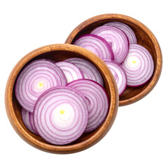 Two wooden bowls filled with vibrant red onion slices, isolated on a black background