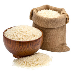 Close-up of white rice in a wooden bowl, spilled on a surface, with a burlap sack