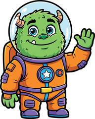 Obraz premium Green cartoon monster astronaut waving hello