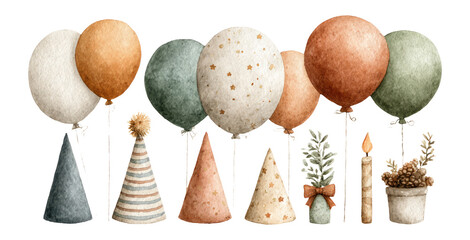 Festive Balloons and Party Hats Collection on Transparent Background