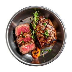 Overhead shot of a perfectly grilled, sliced steak with rosemary and grilled tomato on a metal plate