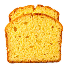 Two golden slices of cake with a porous interior, cut from a larger loaf