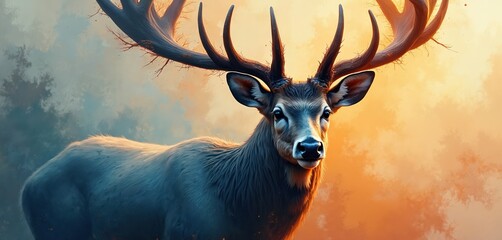 Deer with large antlers stands against colorful abstract background. Majestic buck animal with big horns. Digital art illustration of cervid mammal with vibrant colors and textured fur.