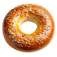A golden-brown, sesame-seed-covered bagel, isolated against a black background, ready to eat