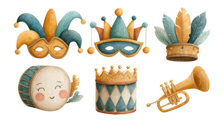 Colorful Carnival Masks and Instruments Illustrations on Transparent Background