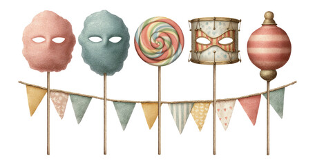 Colorful Carnival Props with Masks, Candies, and Banners on Transparent Background