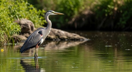 Great Blue Heron Standing in Water, Reflecting in the Sunlight.