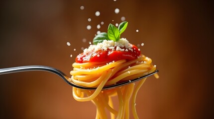 Delicious Spaghetti with Tomato Sauce, Cheese, and Parsley on Fork Isolated on Warm Brown Background