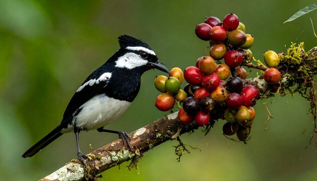A detailed shot captures a vibrantly colored bird with black and white plumage. It pecks at a cluster of multi-hued berries