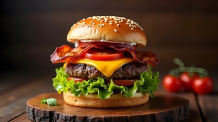 Juicy Cheeseburger with Lettuce, Tomato, Bacon, and Melted Cheese on Rustic Wooden Table Background