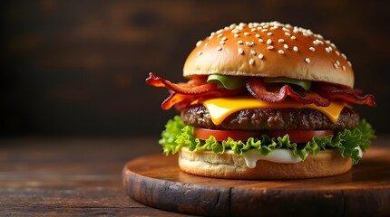 Juicy Cheeseburger with Lettuce, Tomato, Bacon, and Melted Cheese on Rustic Wooden Table Background