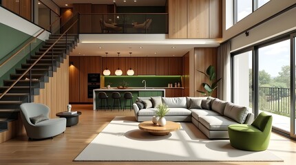 Modern Open Concept Living Room and Kitchen Interior with Wooden Accents, Green Details, and Warm Lighting