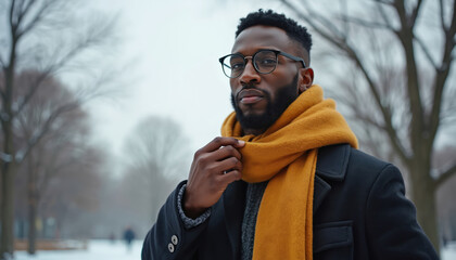 Young black man adjusts yellow scarf outdoors in winter. African American male in coat and glasses poses in snowy park. Man stands outside adjusting scarf on cold day.