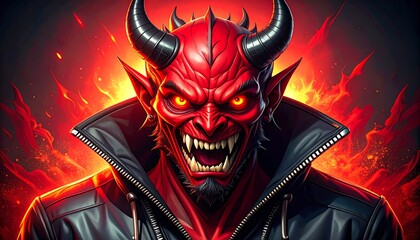 Naklejka premium A fierce, red-skinned demon with curved horns, a devilish grin, and glowing eyes, wearing a black leather jacket, against a fiery background