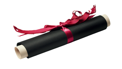Scroll tied with ribbon, dark textured cover, light paper peeking out