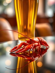 There is a glass of beer on the mirrored table, and two boiled red crayfish lie in front of it.