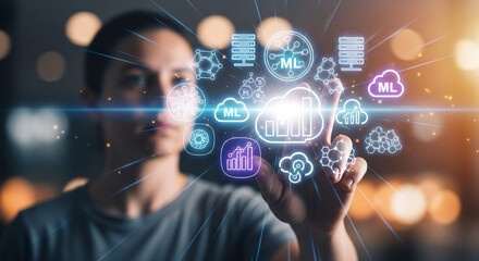 Woman exploring machine learning with touch interface in futuristic setting, unlocking big data potential, a modern digital transformation concept