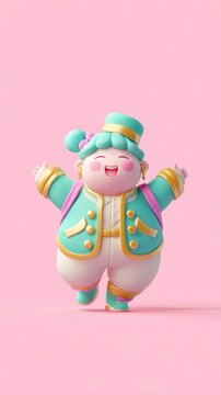 Joyful Cartoon Character in Colorful Outfit on Pink Background.