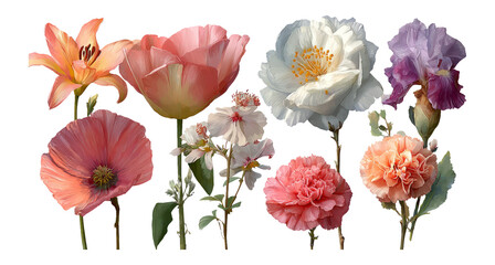 Beautiful Isolated Flowers on Transparent Background in Various Colors and Shapes