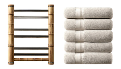 Elegant Bamboo Towel Rack with Soft Textured Towels on Transparent Background