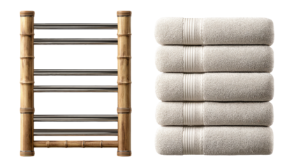 Elegant Bamboo Towel Rack with Soft Textured Towels on Transparent Background