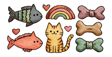 Cute Hand-Drawn Animals and Food Icons in Watercolor Style