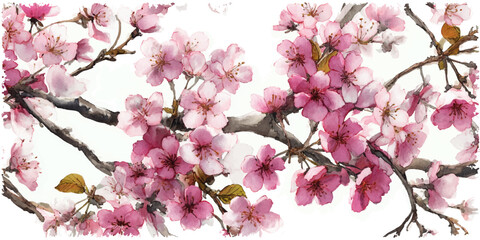 Obraz premium Delicate pink cherry blossom flowers blooming on tree branches isolated on white background