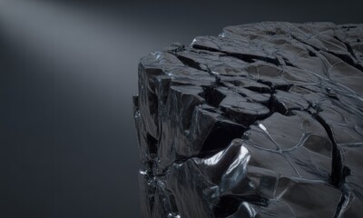 Close-up of a fractured, reflective, cubic stone, lit by a single light source