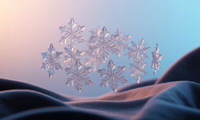 Close-up of crystal snowflakes clustered above soft, undulating fabric with a gradient sky