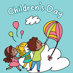 Joyful children's day celebration with colorful balloons and kids playful scene