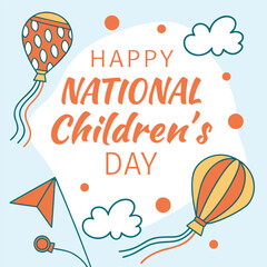 Happy national children's day celebration with balloons flags and clouds a joyous occasion