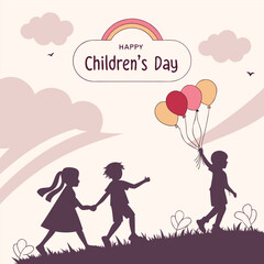 Joyful children's day celebration with kids holding balloons and a rainbow banner