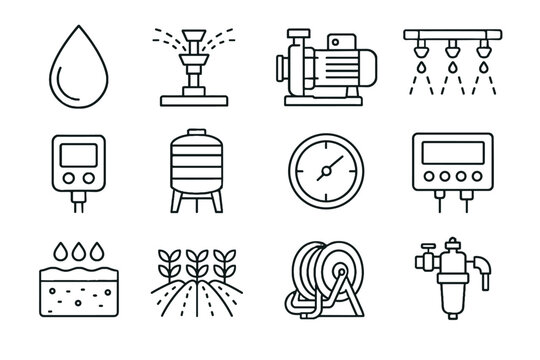 Unit field device set sprinkler irrigation crop icons pump water vector icon