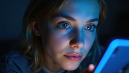 Young woman looks at phone screen in dark room. Intense blue light illuminates face, pupils. Uses smartphone late at night, causing digital eye strain, sleep problems. Excessive screen time affects