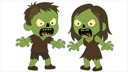 Cute Cartoon Zombie Kids Boy and Girl Full Body Vector