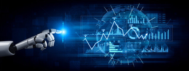 A futuristic robotic arm engages with a glowing projection of data visualization over a global sphere, symbolizing advanced technology and digital innovation dynamics. Scalp