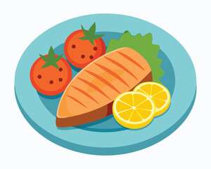 Grilled Salmon Fillet on Plate Vector Illustration