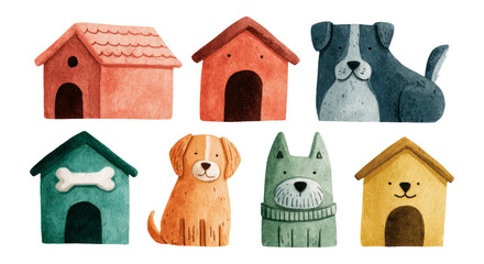 Colorful Dog Houses and Playful Pets in Creative Watercolor Style