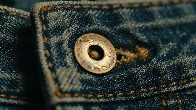 Close-up of denim jeans with a button and orange stitching detail