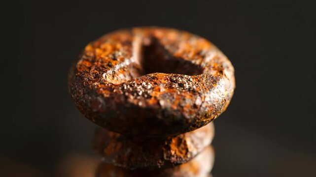 Close-up of an aged, weathered, and rusty screw against dark background
