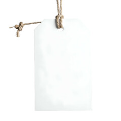 A plain, blank white tag with a knotted rope, hanging against a black background