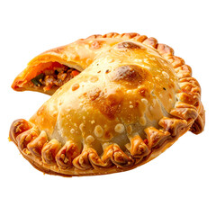 Golden, flaky, half-eaten pastry reveals savory filling with visible chunks