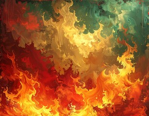 Obraz premium A fiery abstract composition, dominated by swirling reds, oranges, and yellows, evoking flames. Hints of green add contrast