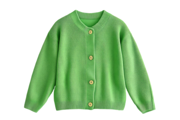 Light green knit cardigan sweater with round neck and wood buttons